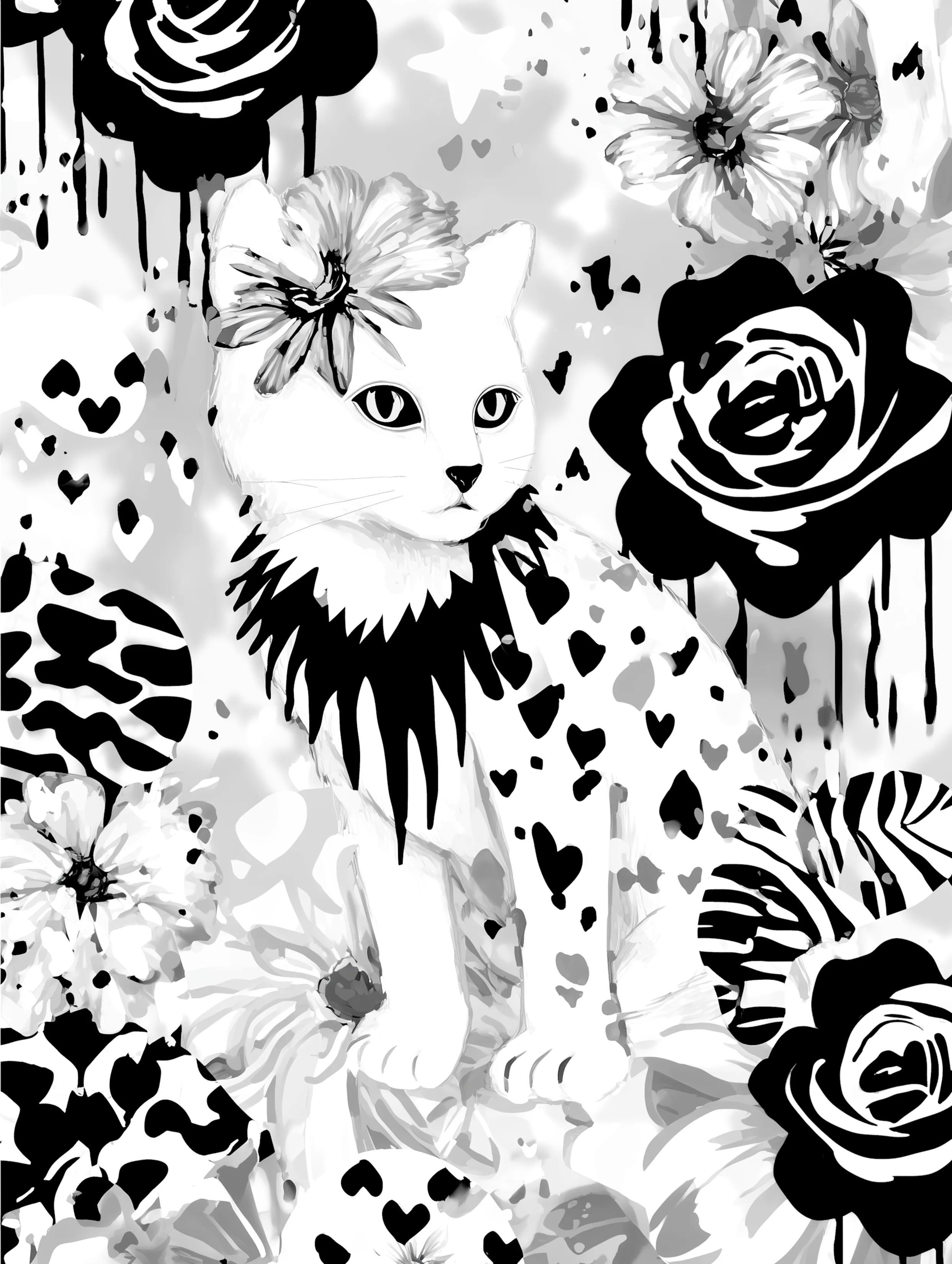 Free printable kitten coloring page featuring teenage kitten with black roses